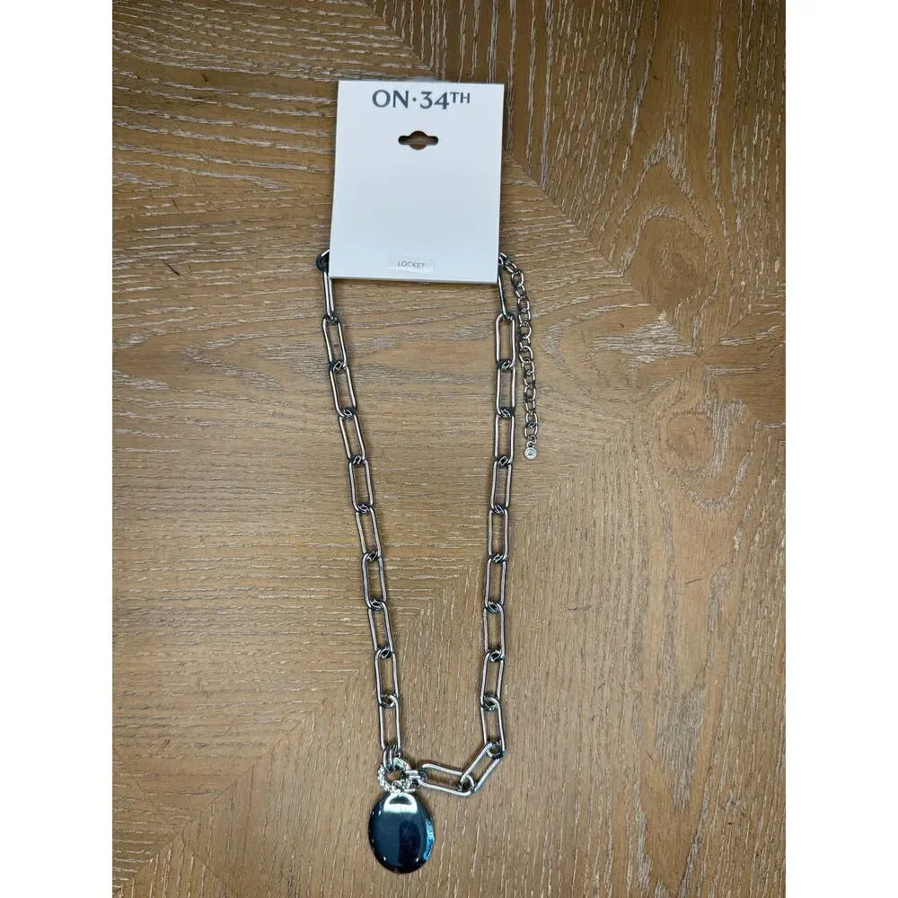 ON 34th Silver Tone Locket Pendant Necklace Paperclip Chain Adjustable NEW